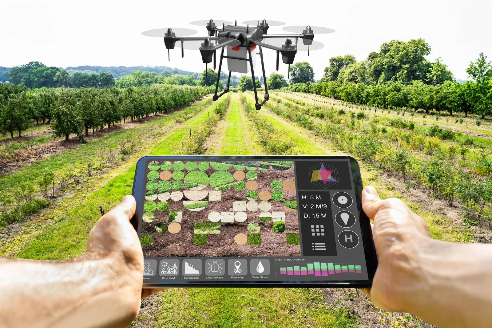 Smart-farming technology over a farm field, representing practical AI for agribusiness — yield forecasts, crop monitoring and market prices