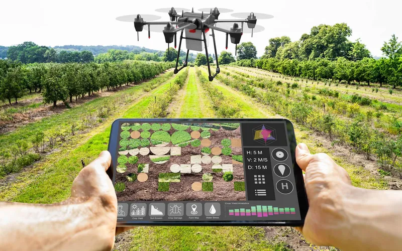 Smart-farming technology over a farm field, representing practical AI for agribusiness — yield forecasts, crop monitoring and market prices