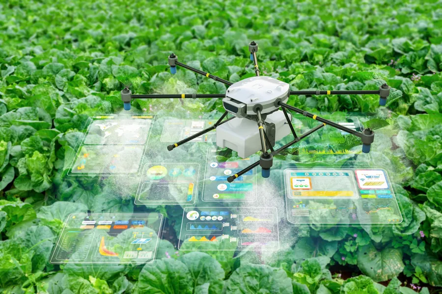 Agricultural drone over a field with a data overlay, representing AI yield and demand forecasting for agribusiness