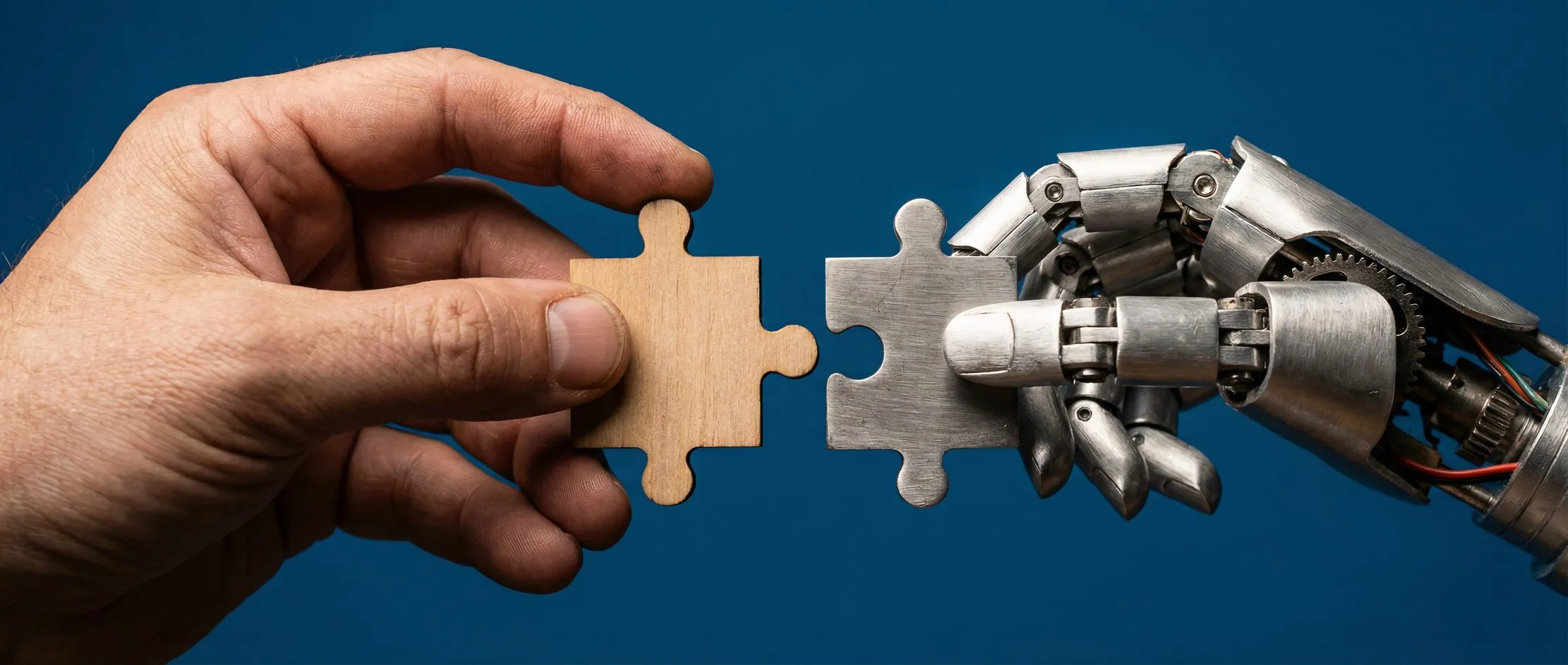 Human hand and robotic hand joining puzzle pieces, representing people and AI working together