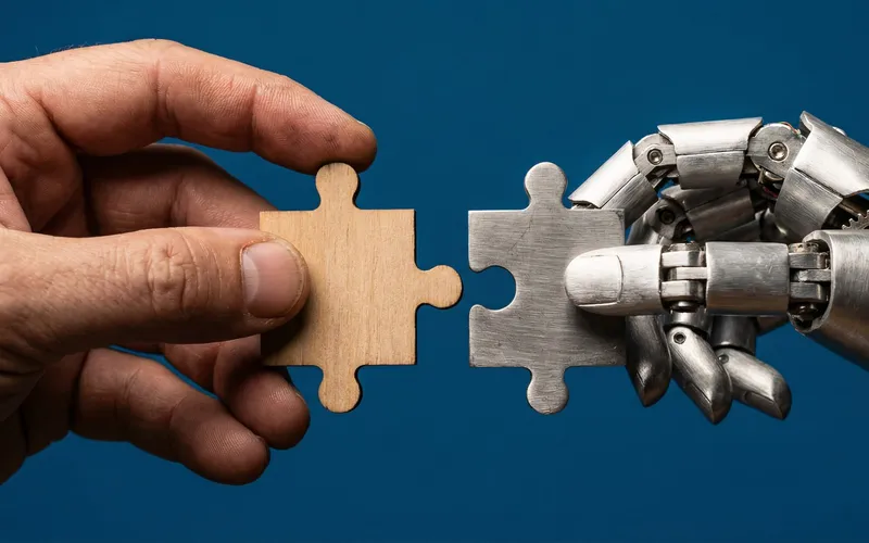 Human hand and robotic hand joining puzzle pieces, representing people and AI working together
