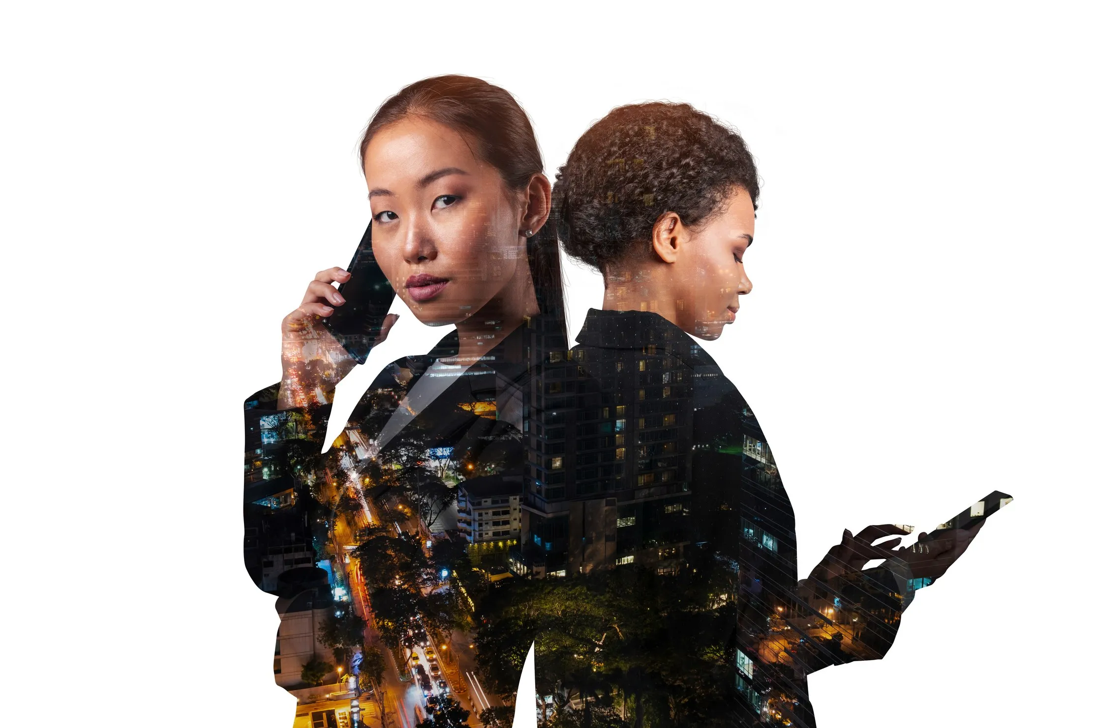 Two professionals shown in a double-exposure city scene, representing teams adapting their work around new technology