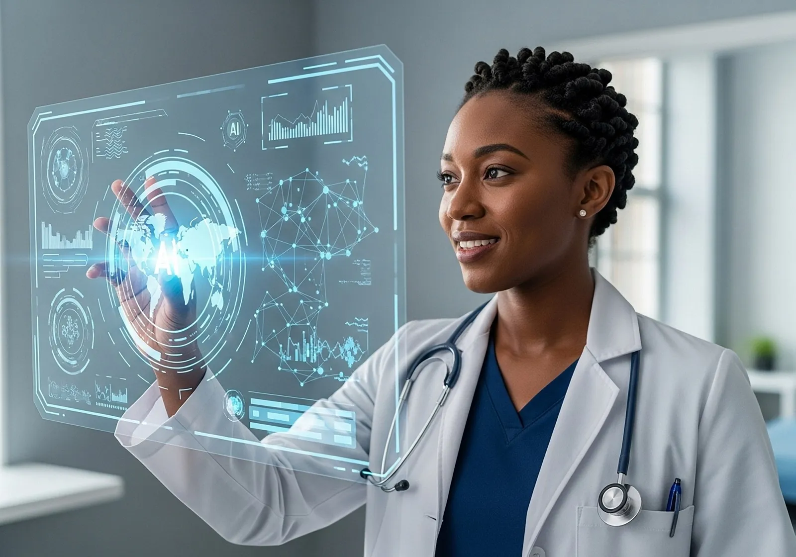 Doctor interacting with an AI healthcare data interface, representing practical AI use in hospitals and health centres