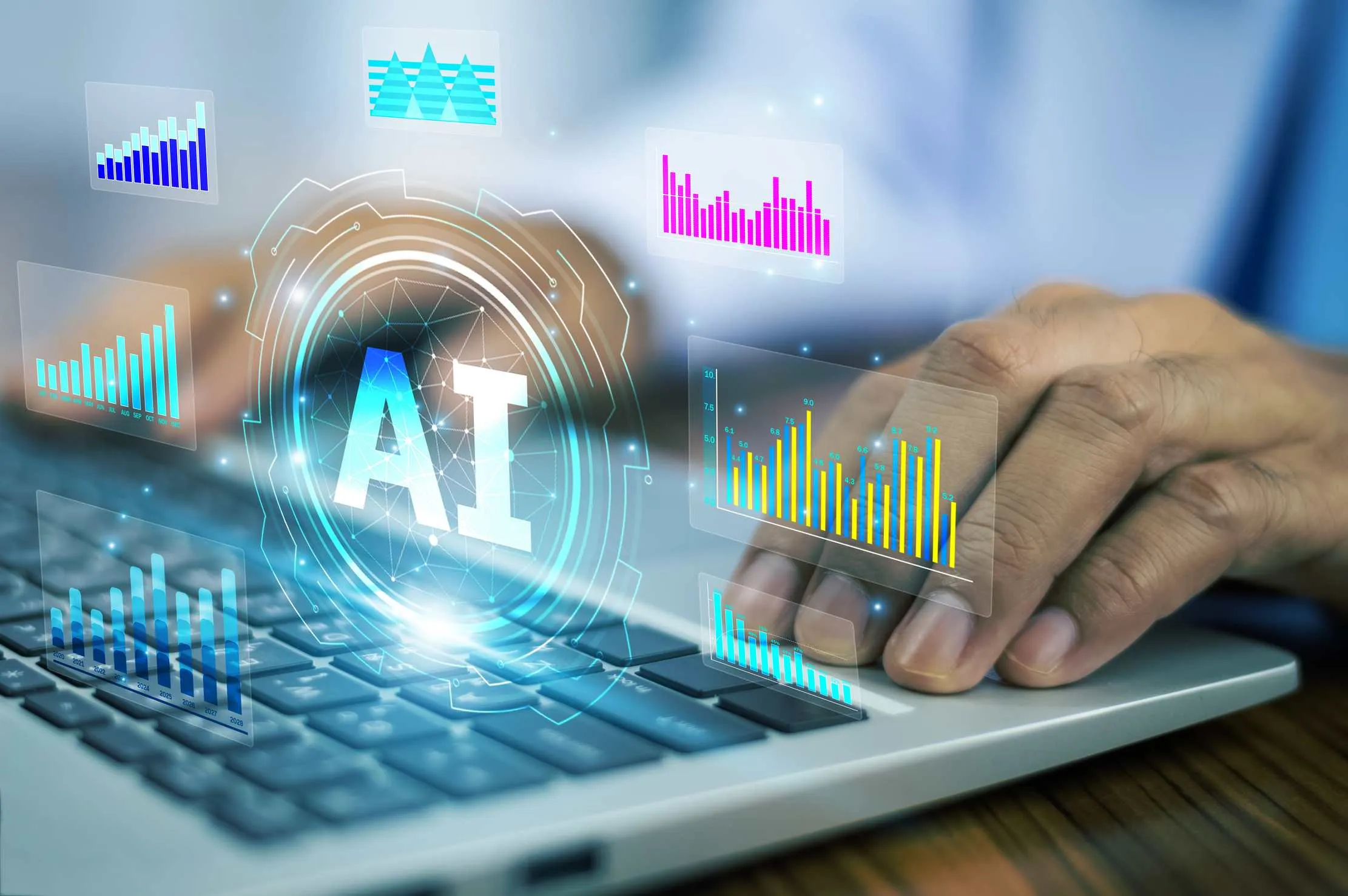 Hands using a laptop with AI charts and business data, representing repeatable review of an AI test set