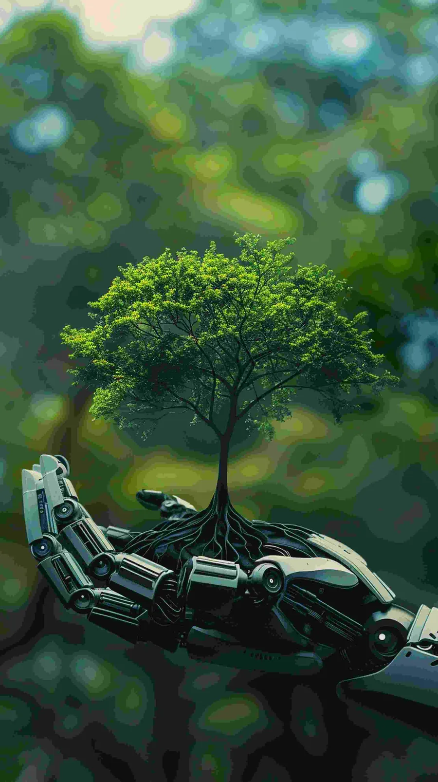 A robotic hand holding a growing tree, symbolising green AI and sustainable technology