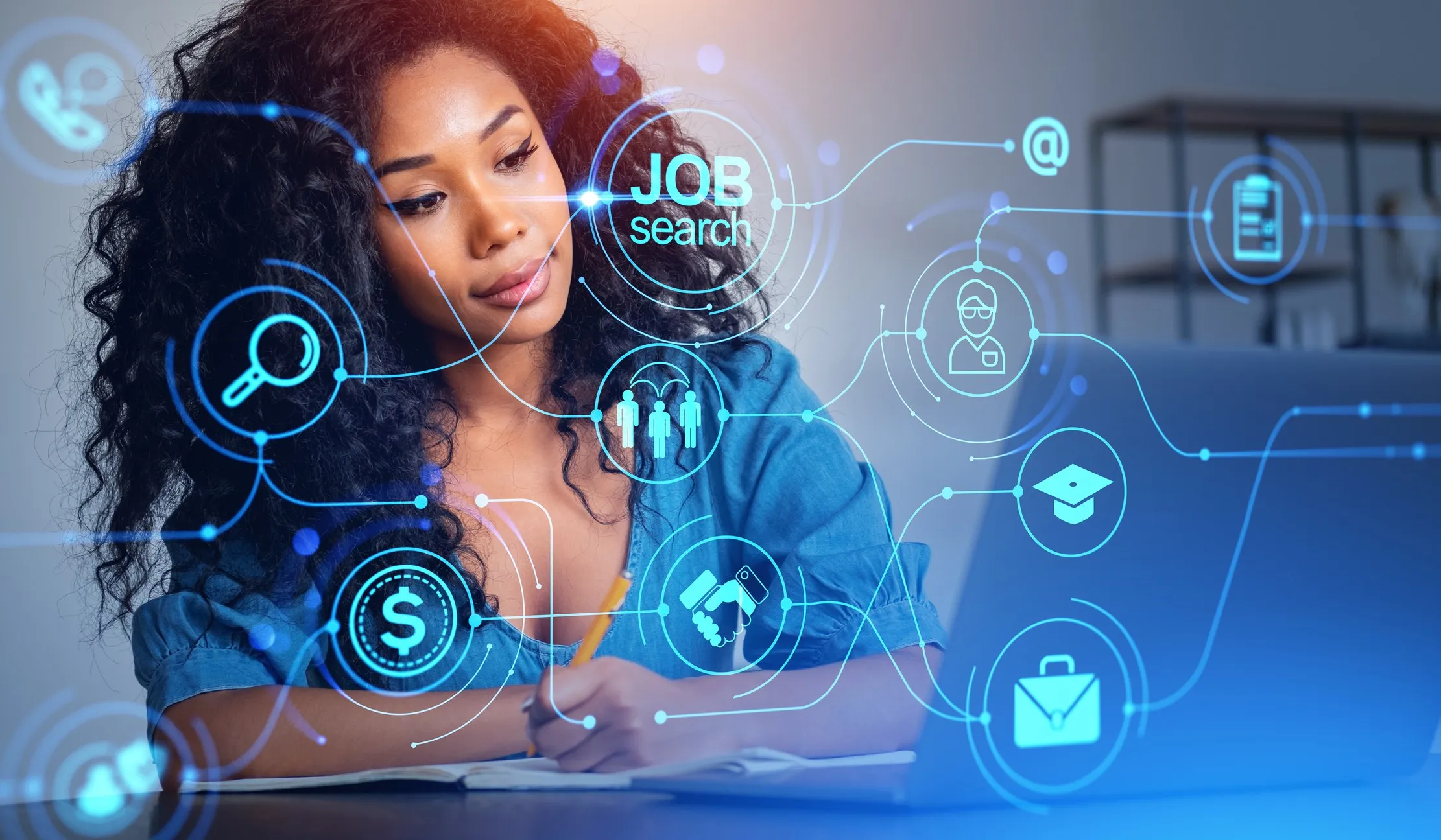 African woman using a laptop with a job-search interface, representing responsible AI in hiring and recruitment