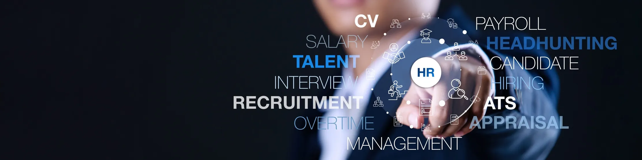Human resources keywords including CV, recruitment and payroll, representing an AI hiring policy