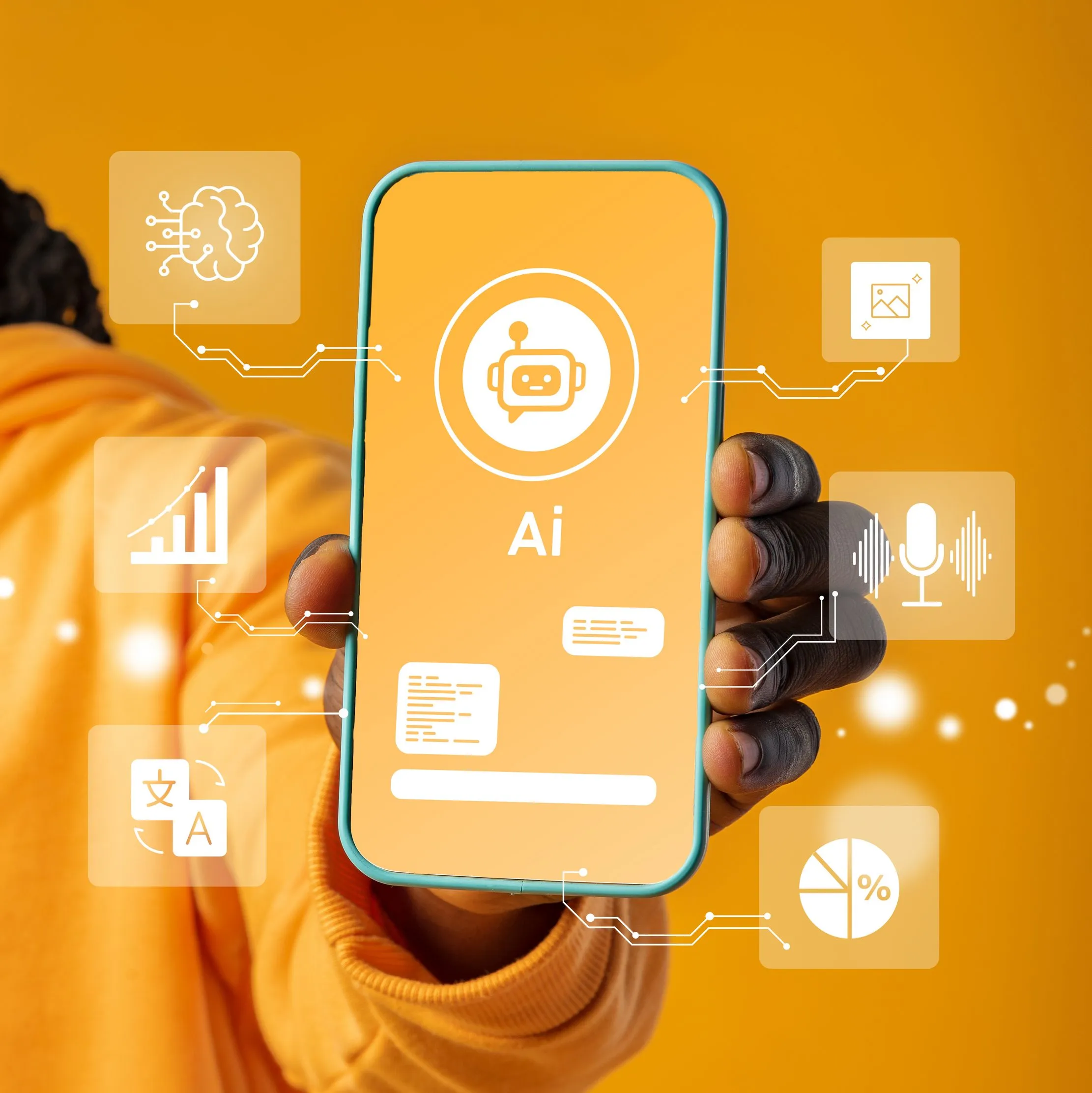 Hand holding a smartphone with an AI assistant interface and chart symbols, representing answer-quality testing