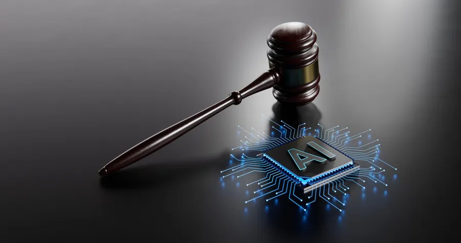 AI chip and judge gavel, representing legal and control obligations in company AI policy