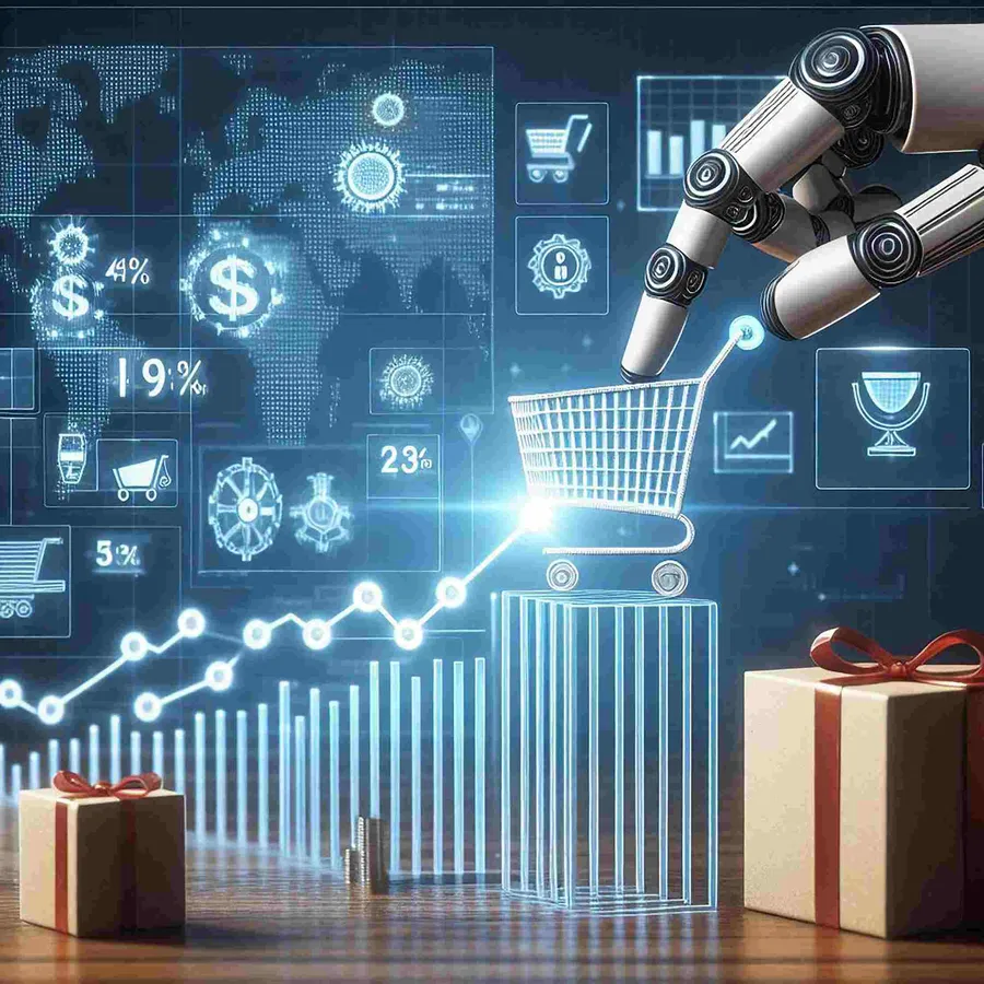 AI sales growth concept showing shopping cart and rising chart