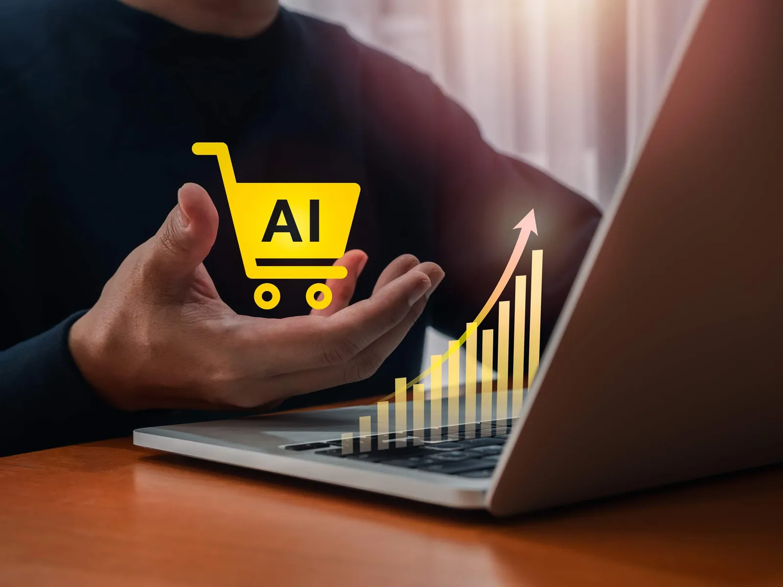 Retailer using AI tools and a shopping cart icon to plan stock and sales