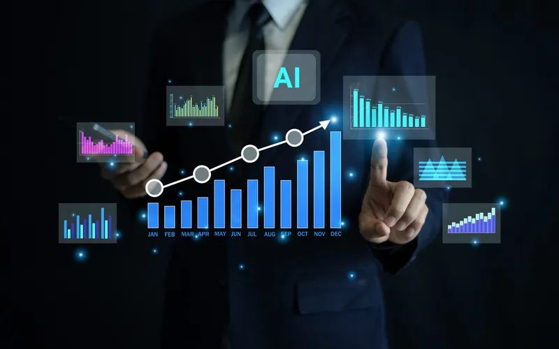 Businessman reviewing an artificial intelligence interface, representing a finance-led review of AI investment and return
