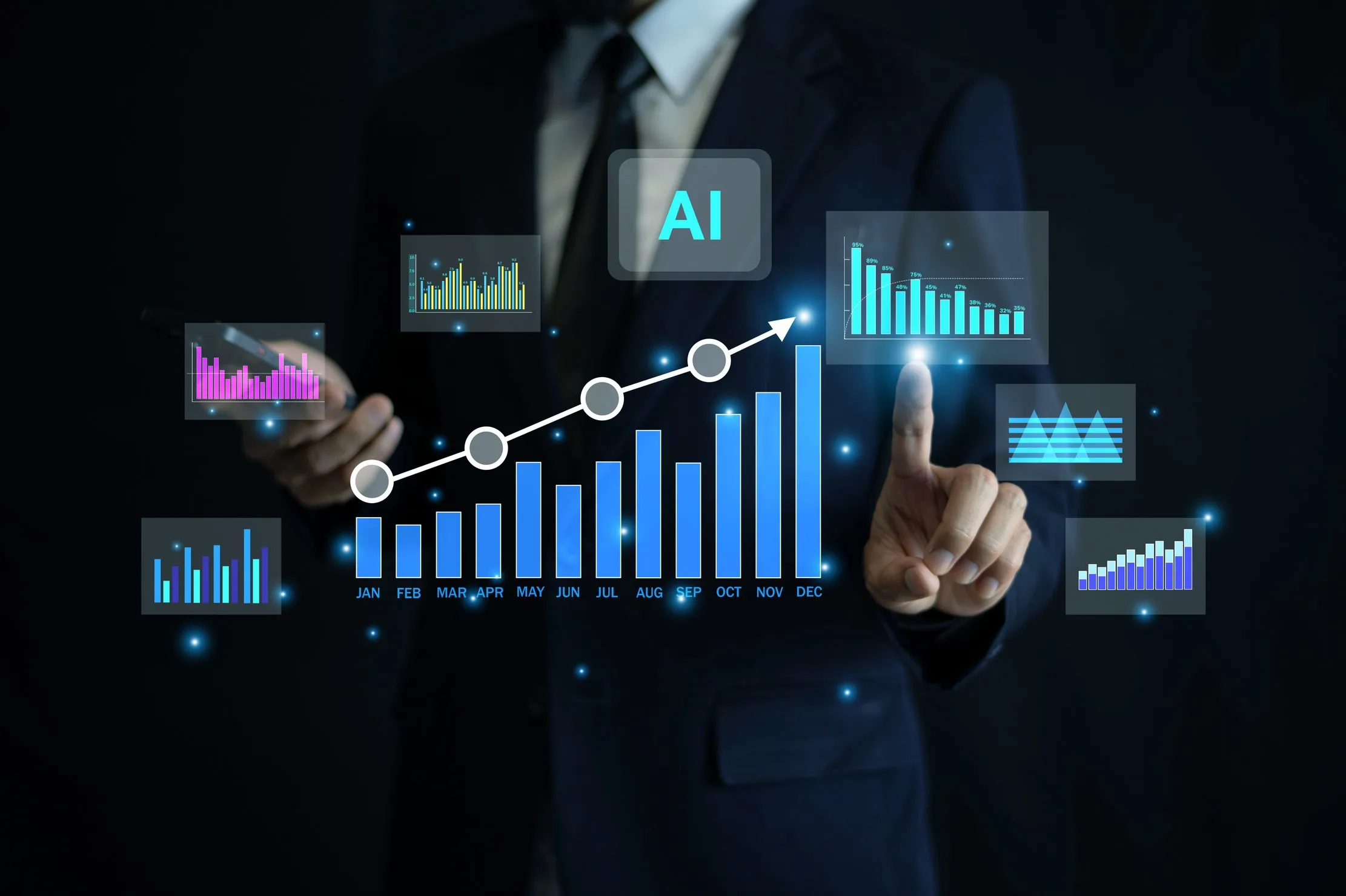 Businessman reviewing an artificial intelligence interface, representing a finance-led review of AI investment and return