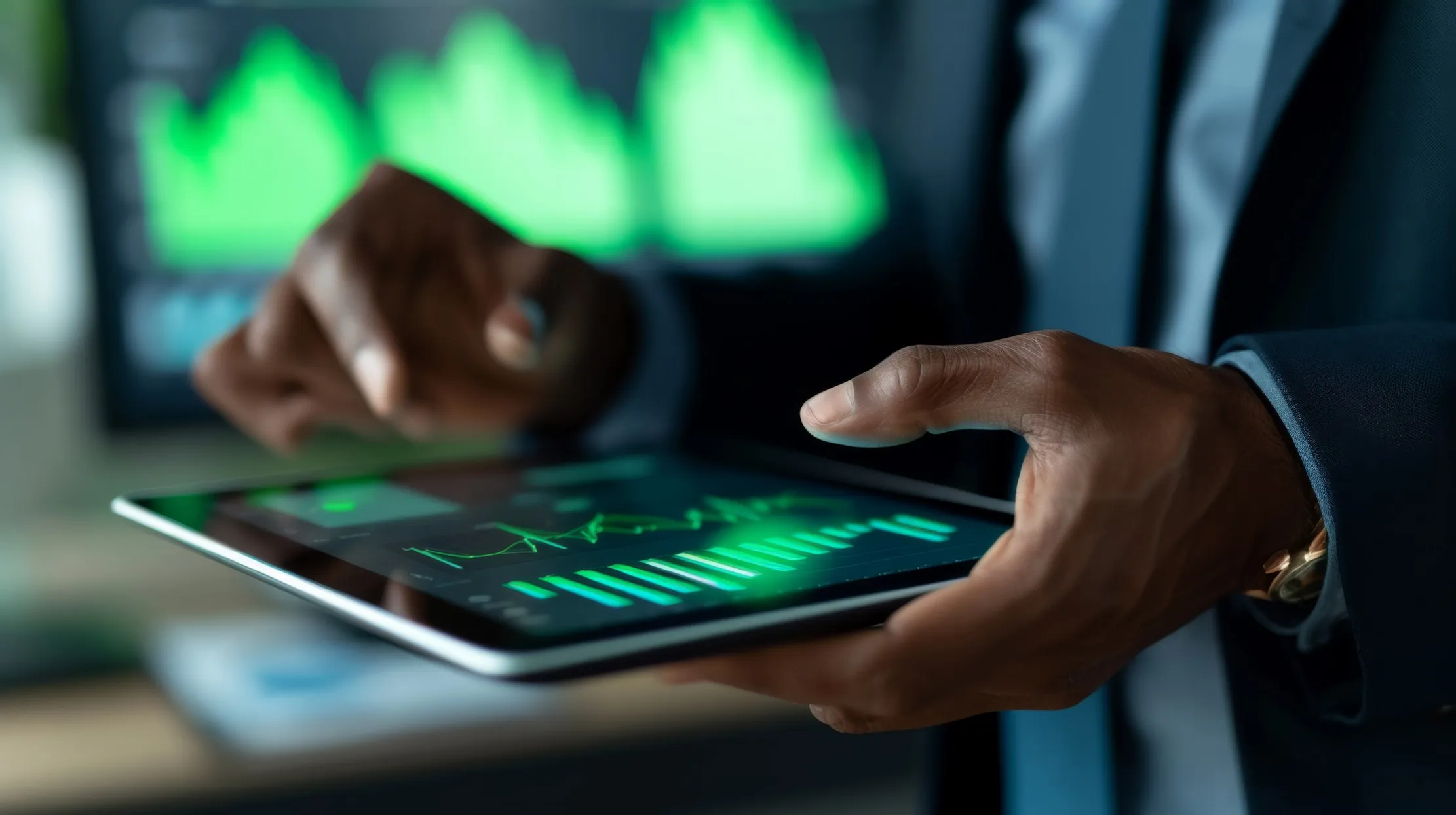 Finance professional reviewing an AI analytics dashboard, representing an evidence-led view of AI performance