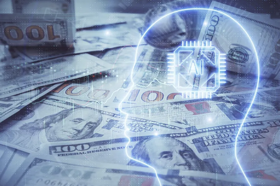 Double-exposure of a brain illustration over banknotes, representing data-driven credit scoring in microfinance