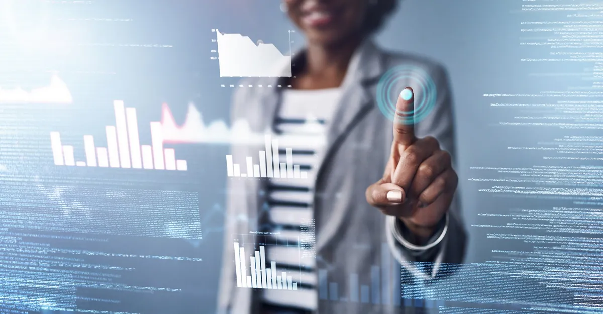 Businesswoman interacting with a financial AI data interface, representing AI in SACCOs and microfinance