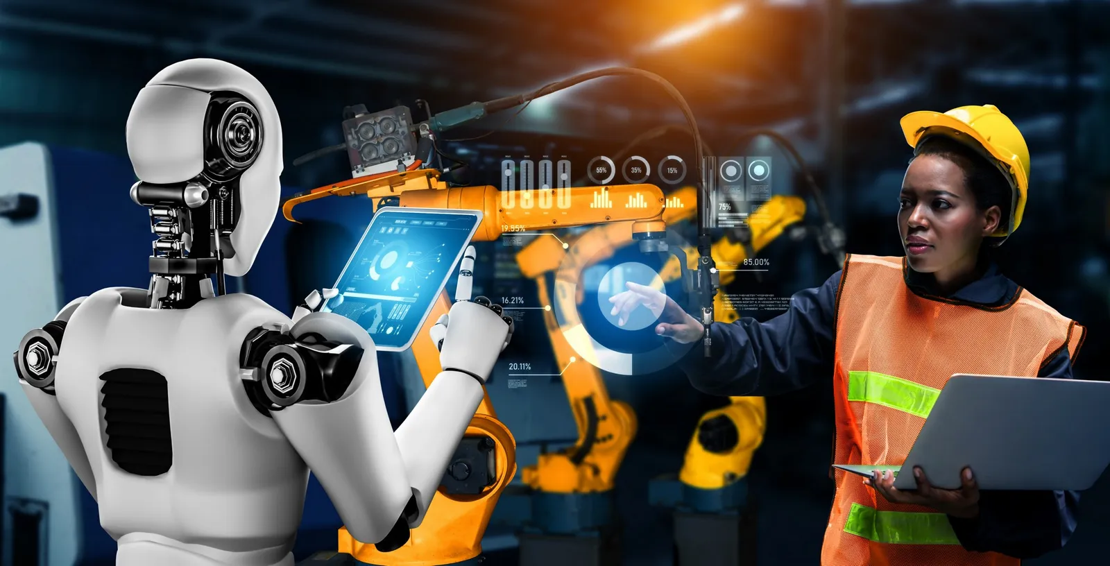 Factory worker collaborating with an industrial robot, representing human AI capability and workforce transformation