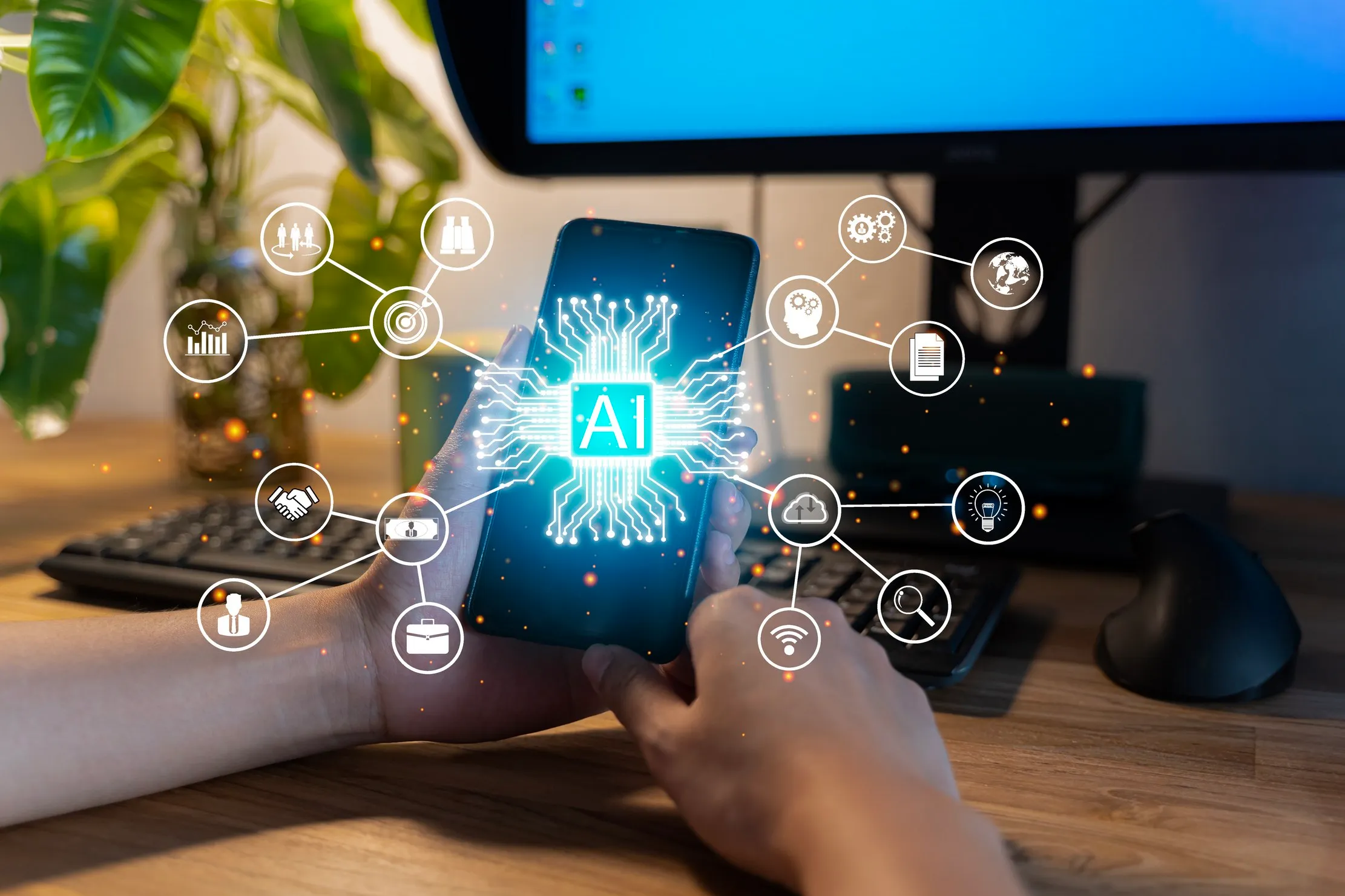 Hands using digital devices with an AI network overlay, representing an edge AI architecture