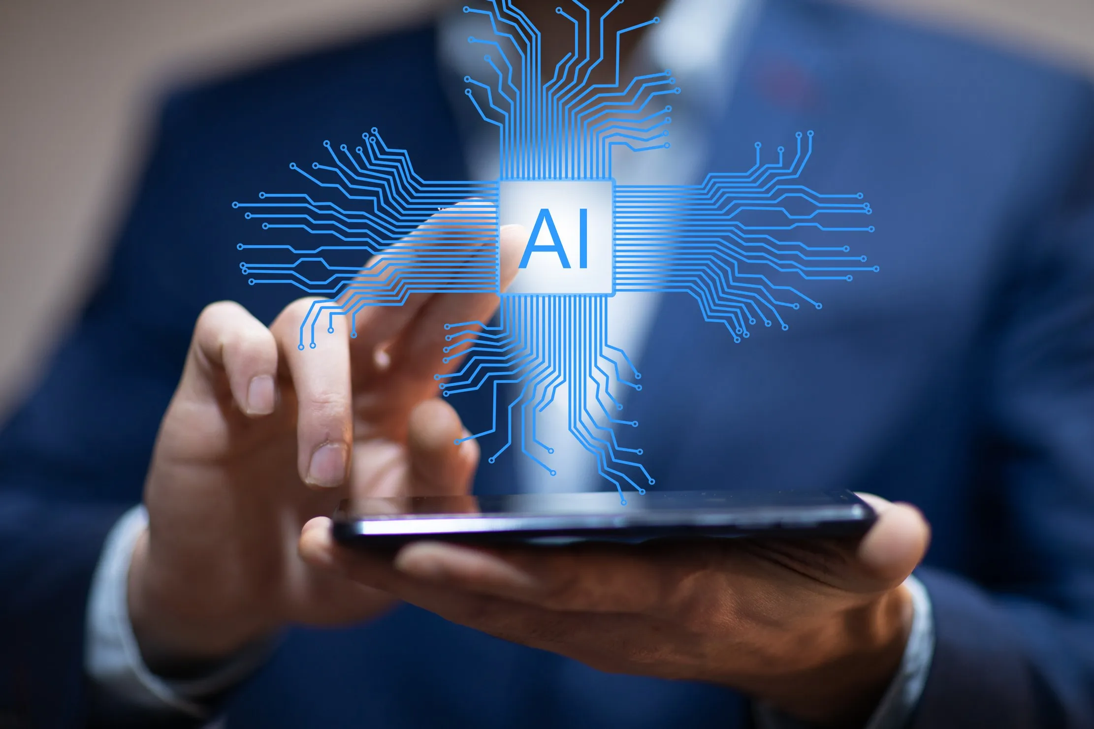 Man holding a phone over a digital network illustration, representing AI work that can continue when connectivity drops