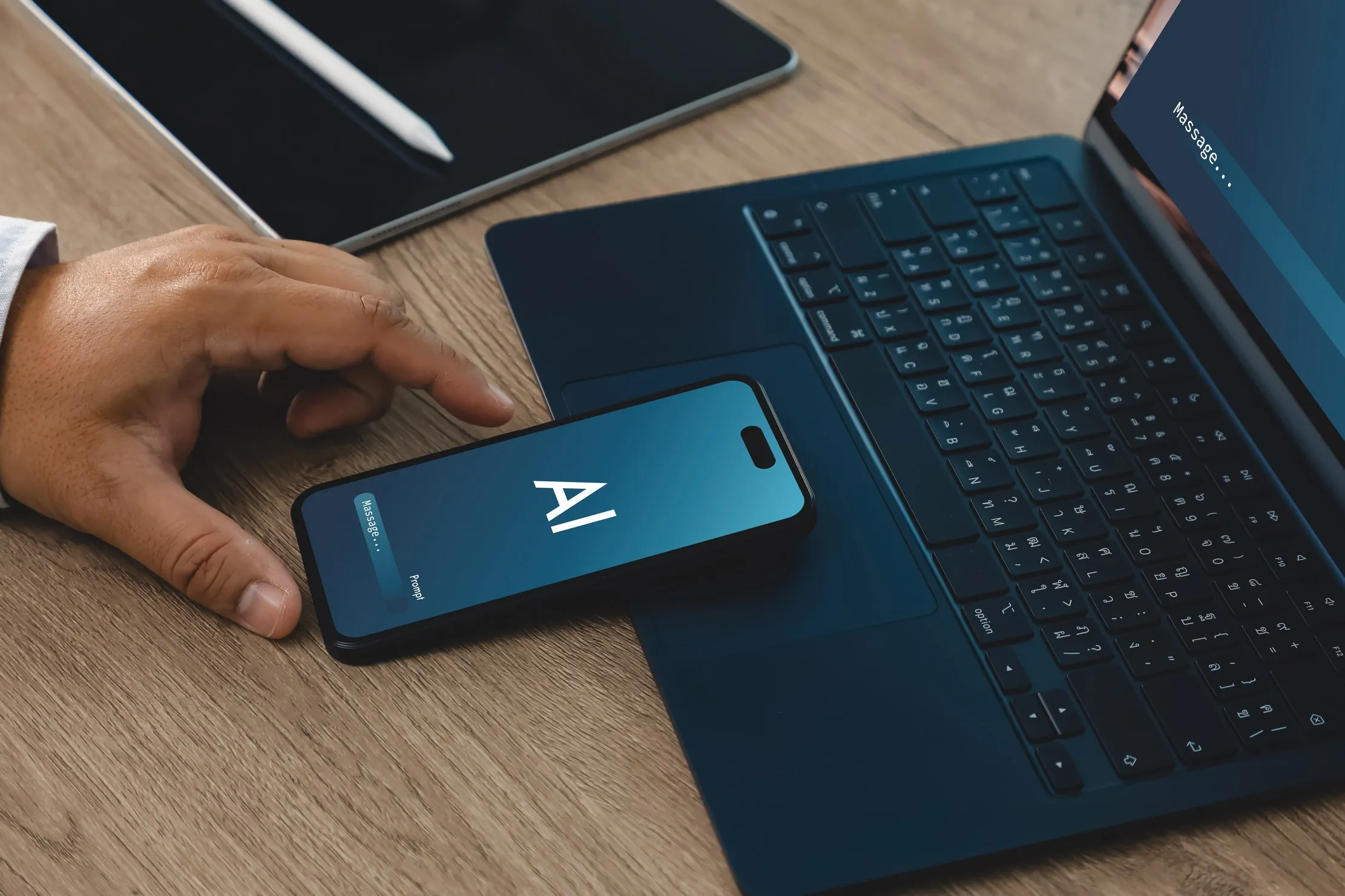 Hand using a smartphone beside a laptop with AI and privacy icons, representing local data processing