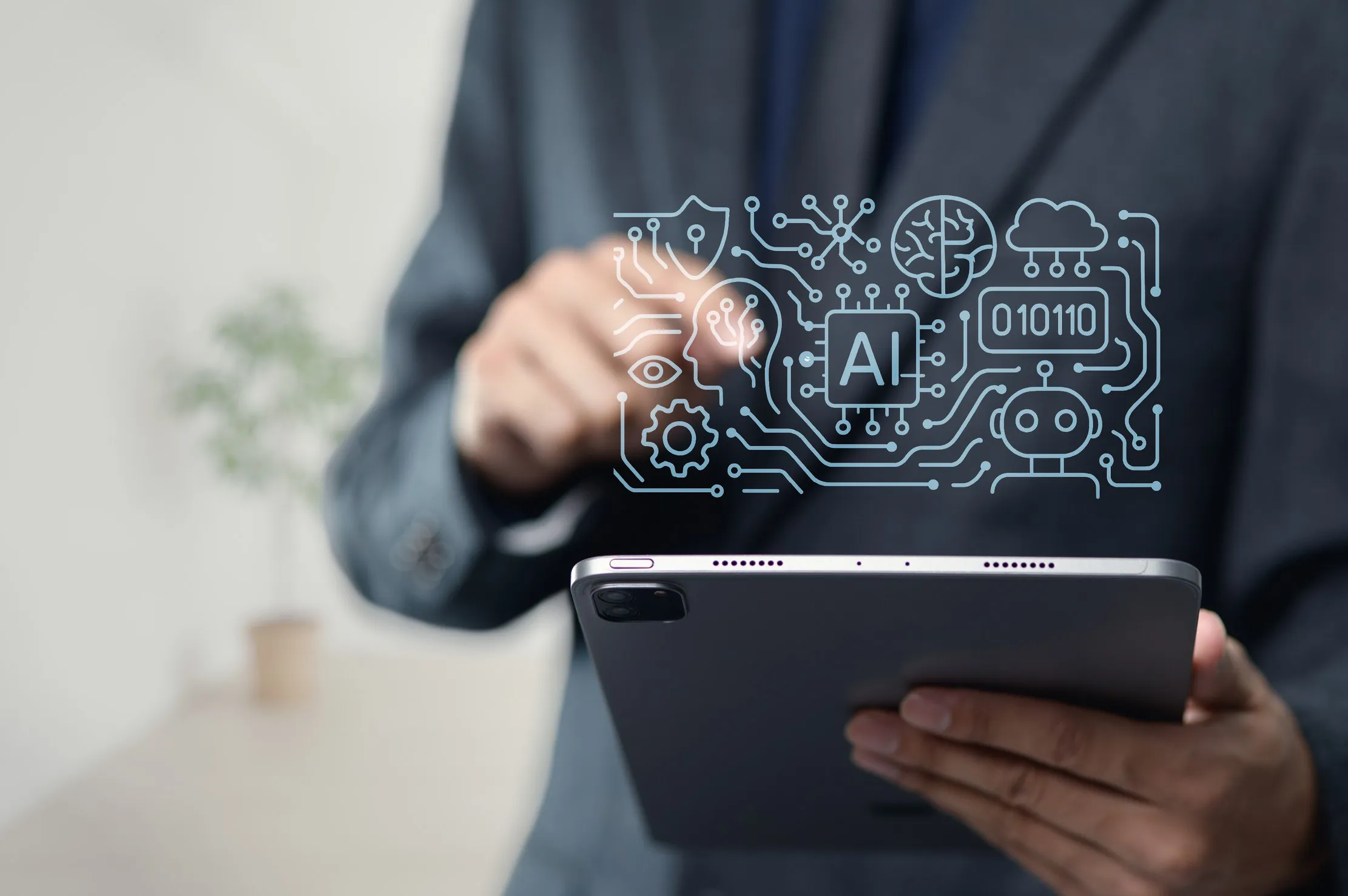 Businessman using a tablet with an AI interface, representing task-specific inference on a local device