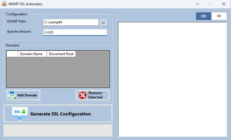 WAMP SSL Automator main window: WAMP path auto-detected as C:wamp64, Apache version 2.4.65 read from httpd -v, a domains table, and a large Generate SSL Configuration button