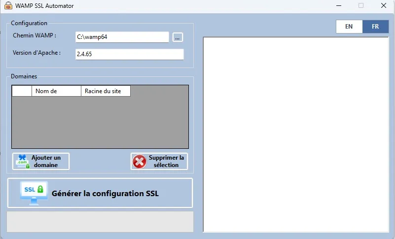 WAMP SSL Automator en français — Chemin WAMP, Version d'Apache, Domaines, et le bouton Générer la configuration SSL