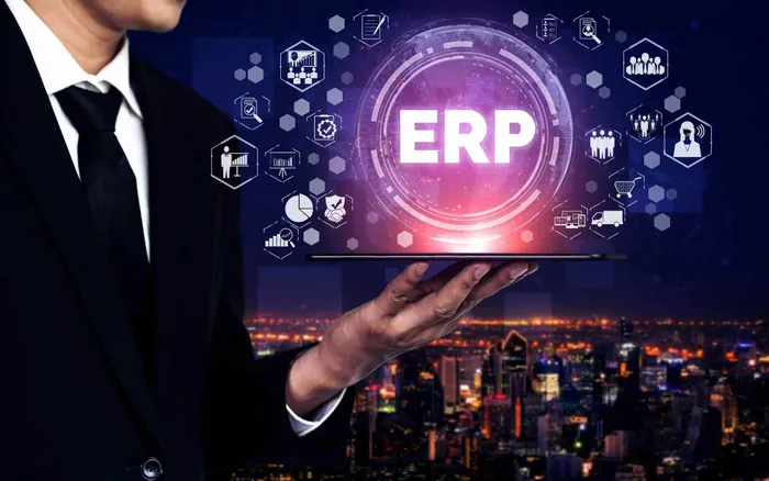 ERP system hologram with business management icons