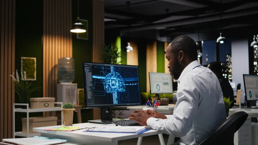 Office employee reviewing AI analytics reports, representing review of business data before use in AI tools