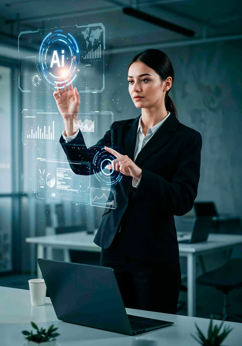 Business executive interacting with AI hologram in an enterprise office environment