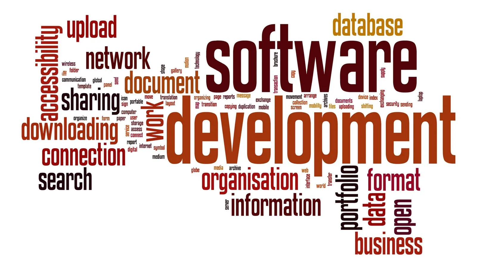 Software development word cloud representing the Chwezi Dev Engine