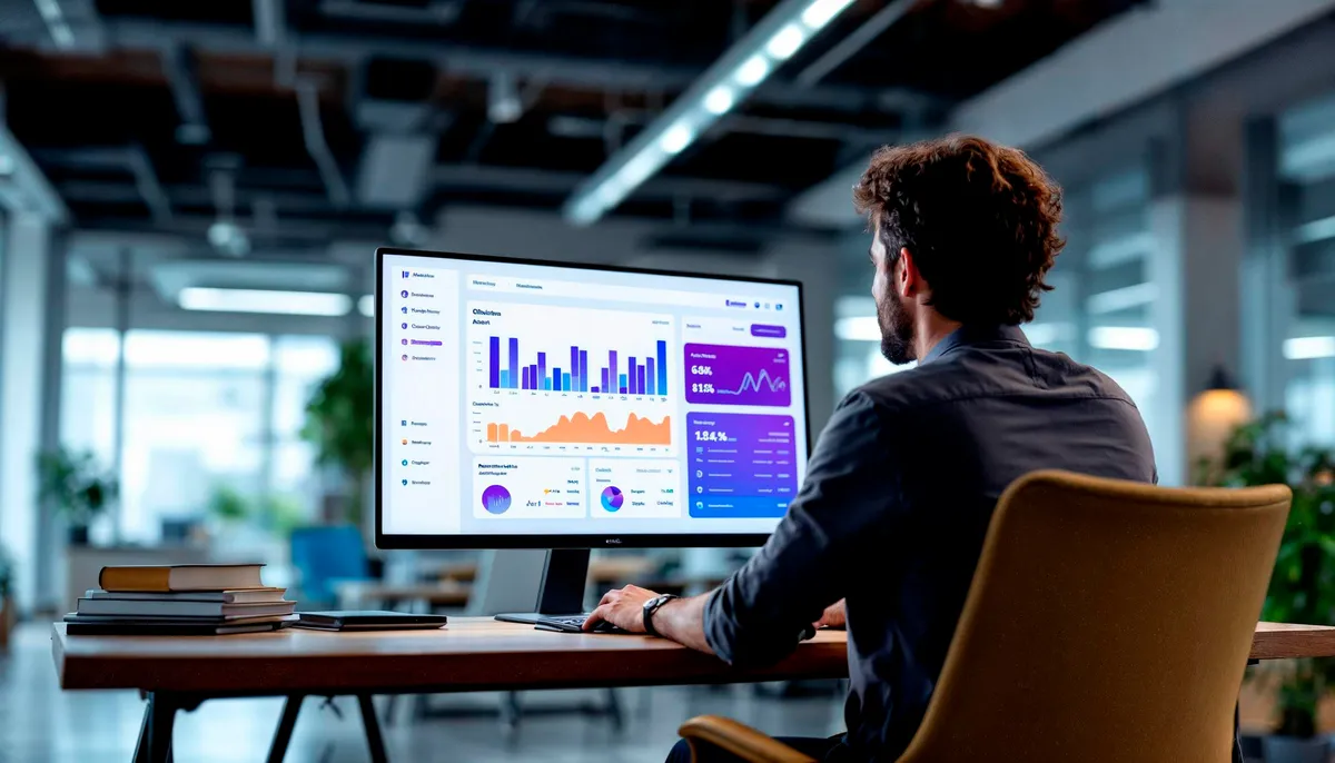Business analyst studying line chart on computer — data visualisation in business software
