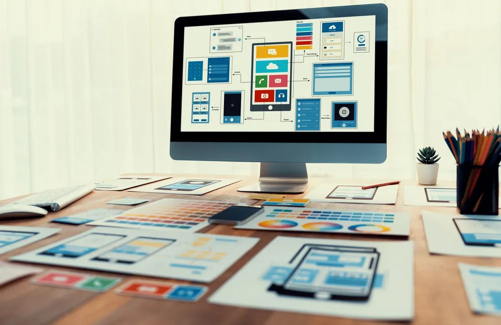 Laptop and interface layout representing a design-system workflow