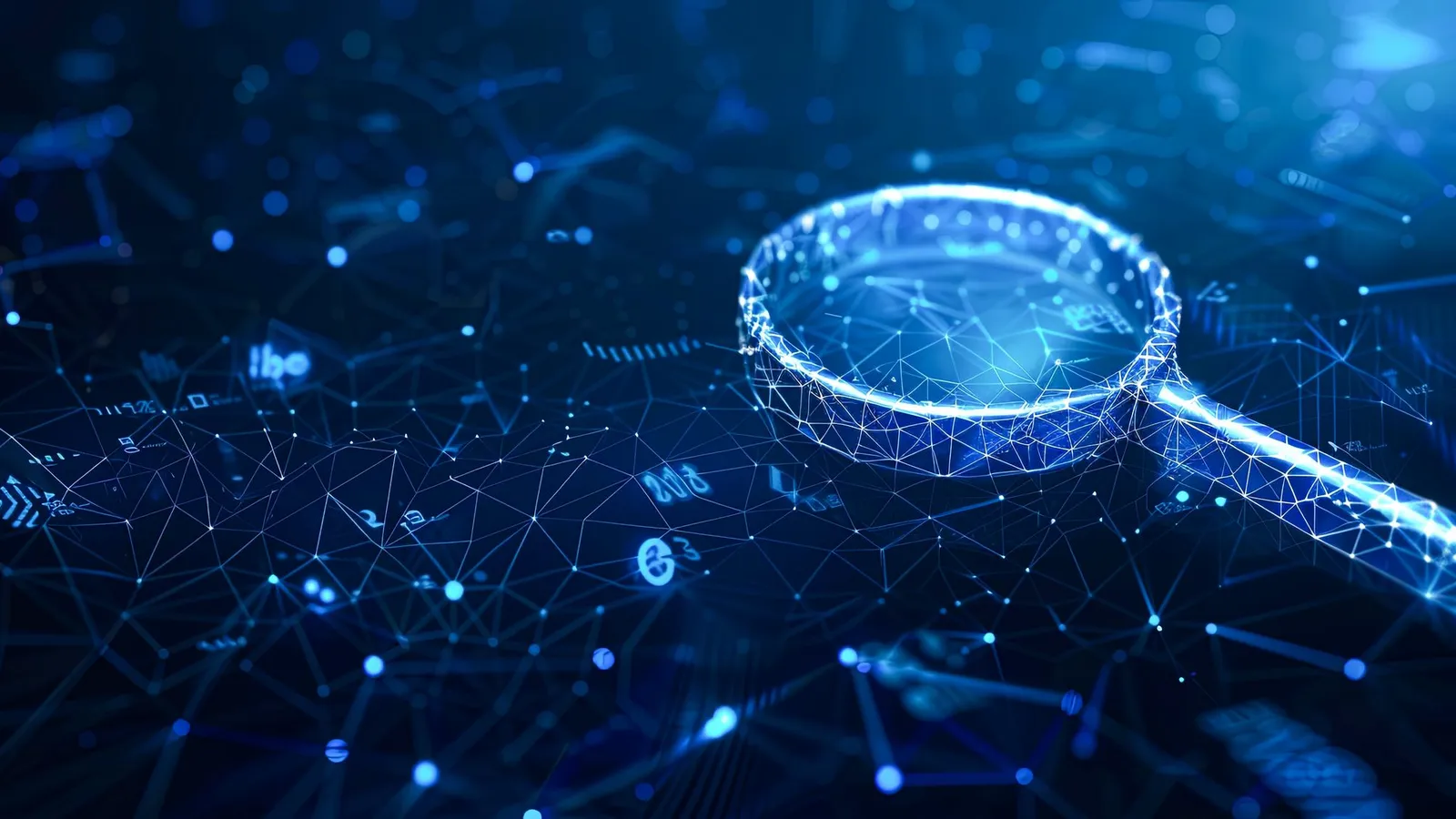 Digital magnifying glass over a network of data representing evidence-led research
