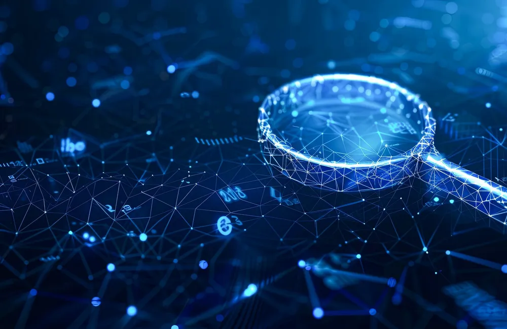 Digital magnifying glass over a network of data representing evidence-led research