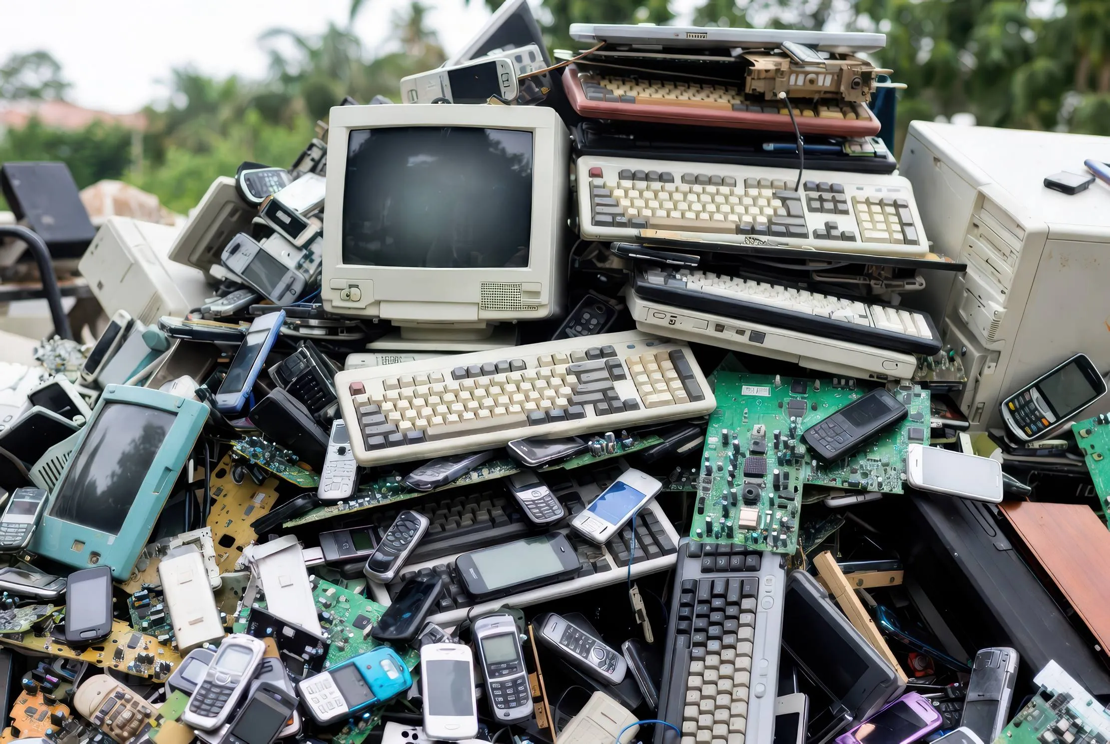 Pile of discarded computers, keyboards, phones and other electronic devices awaiting a controlled lifecycle decision