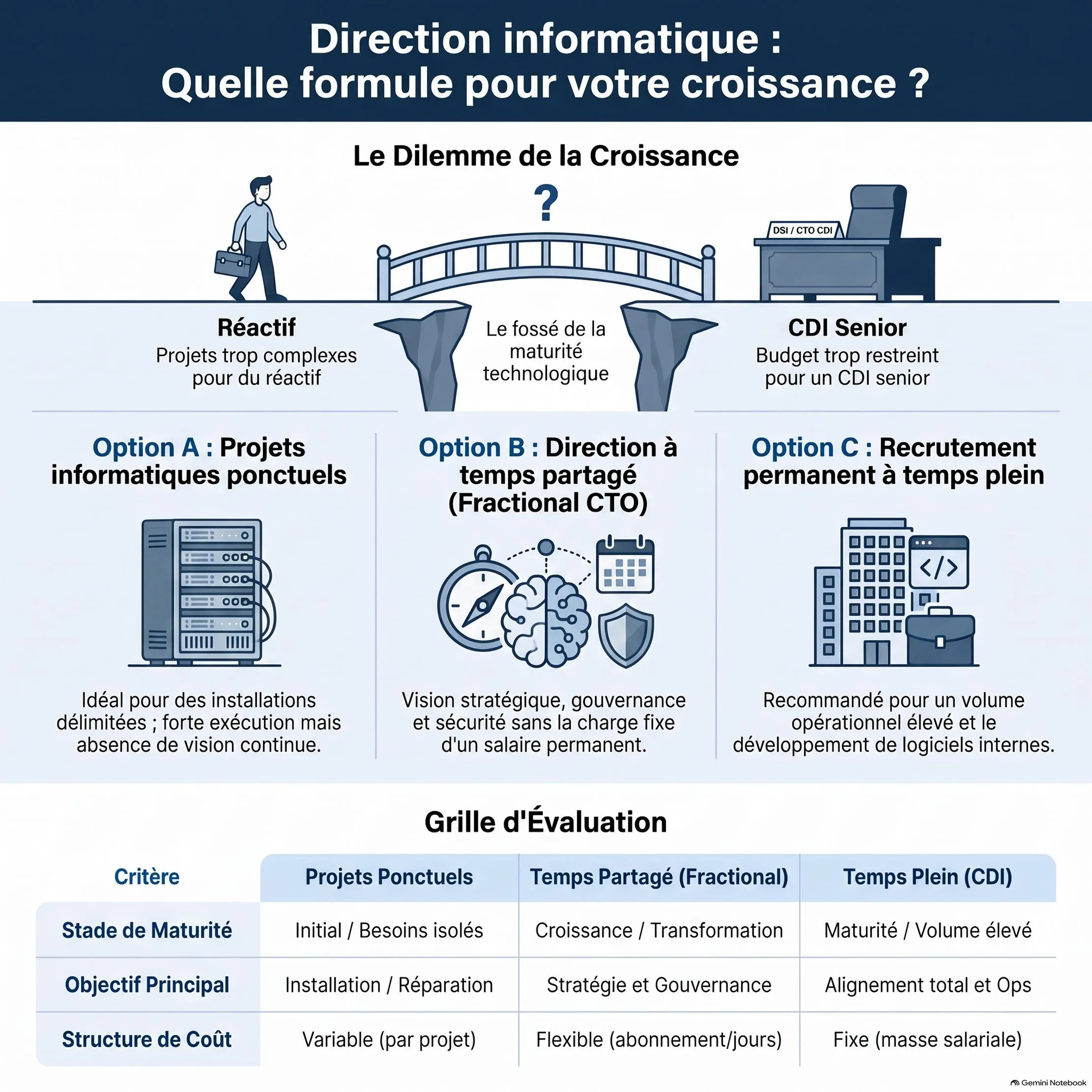 Infographie en français comparant les projets informatiques ponctuels, la direction informatique à temps partagé et le recrutement permanent à temps plein, avec une grille d’évaluation