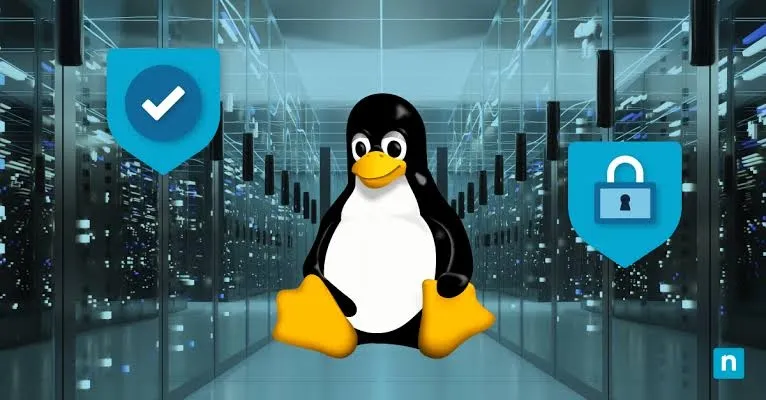 Linux server room with security and infrastructure symbols representing Linux operations