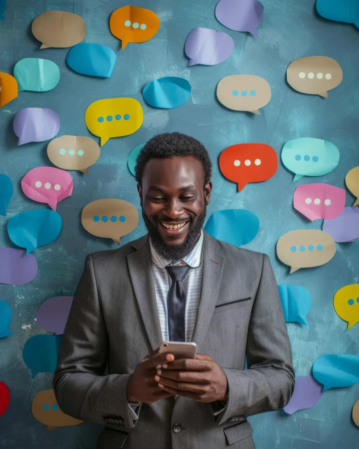 Entrepreneur utilisant un téléphone dans une scène technologique colorée, illustrant une application mobile dédiée conçue pour la fidélité client