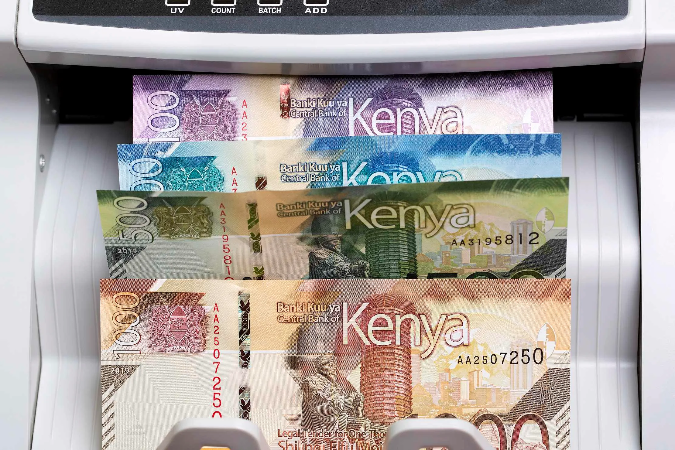 Kenyan shilling notes in a counting machine, representing regional-currency exposure