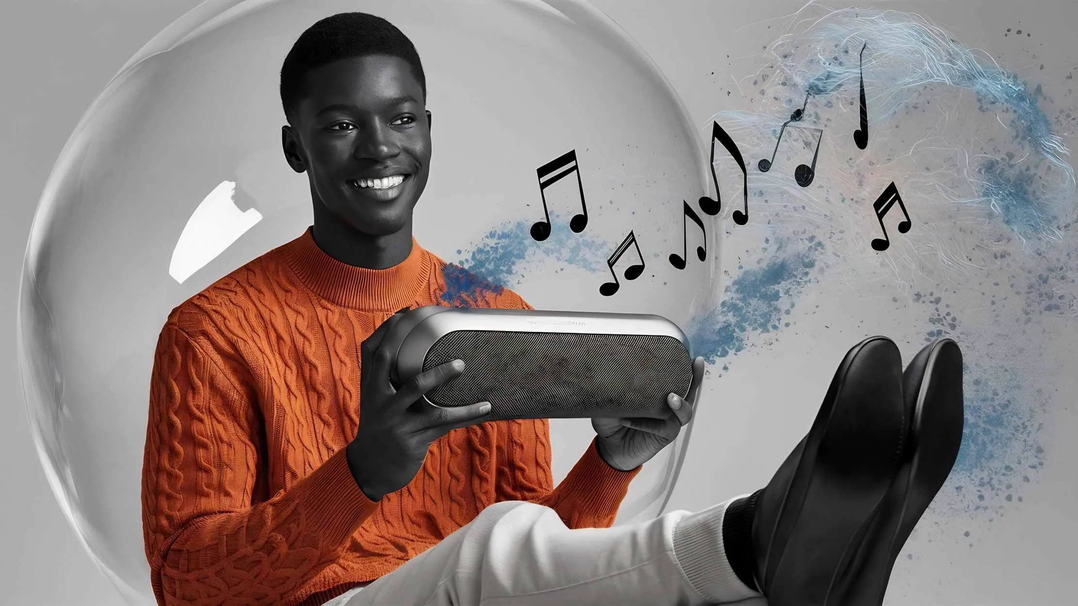 Young man in orange sweater holding wireless speaker — Uganda music copyright law enforcement chip bars