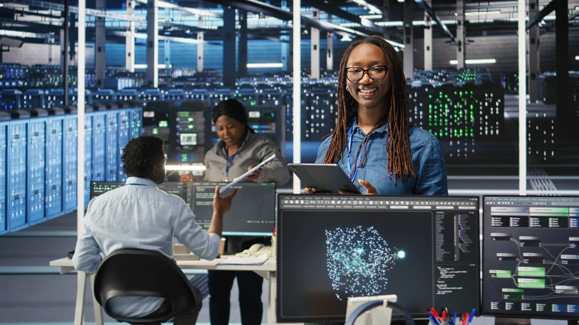 African technical team reviewing server and network operations in a data centre