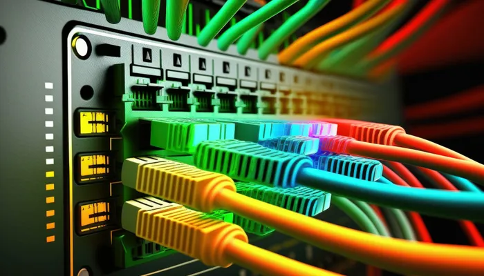 Network router and colourful Ethernet cables representing a resilient multi-branch business connection