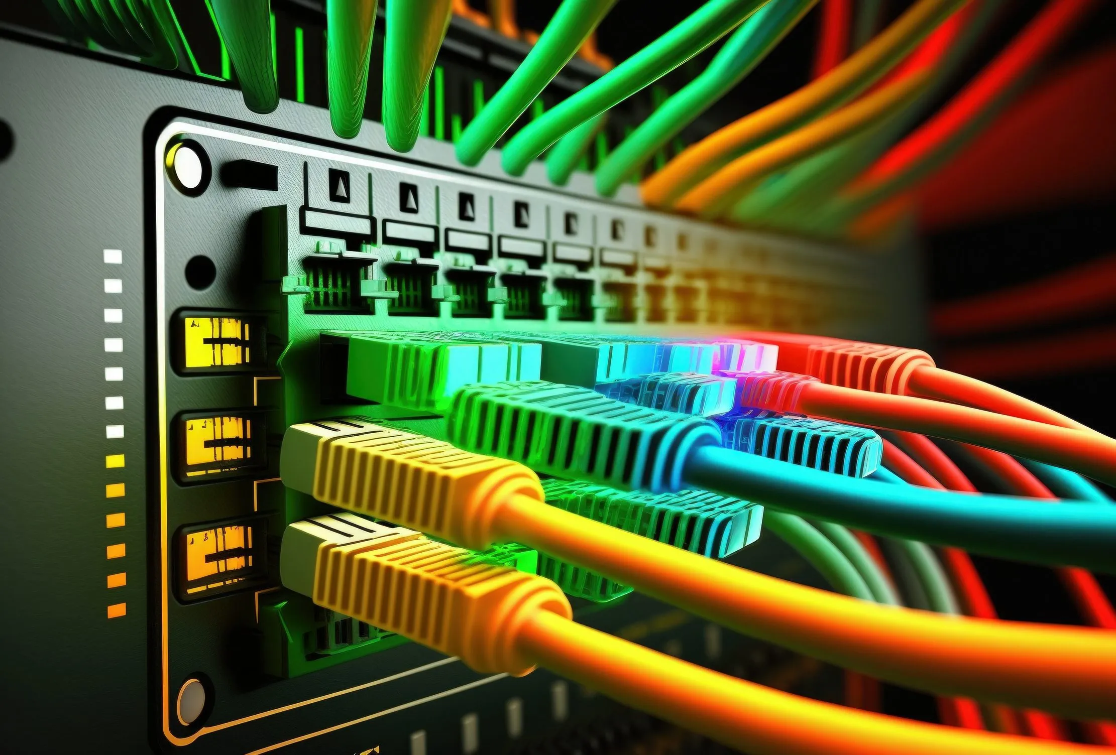 Network router and colourful Ethernet cables representing a resilient multi-branch business connection