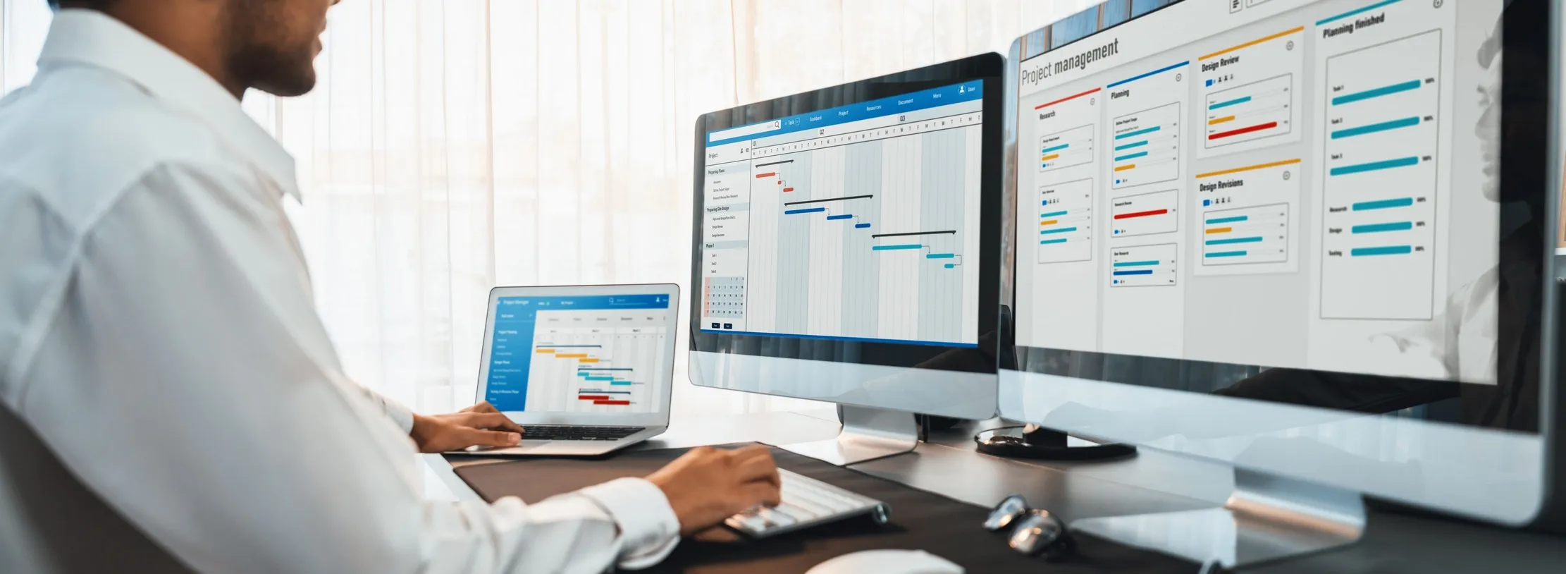 Project manager reviewing a structured digital work plan, representing a careful migration from Excel to a business system