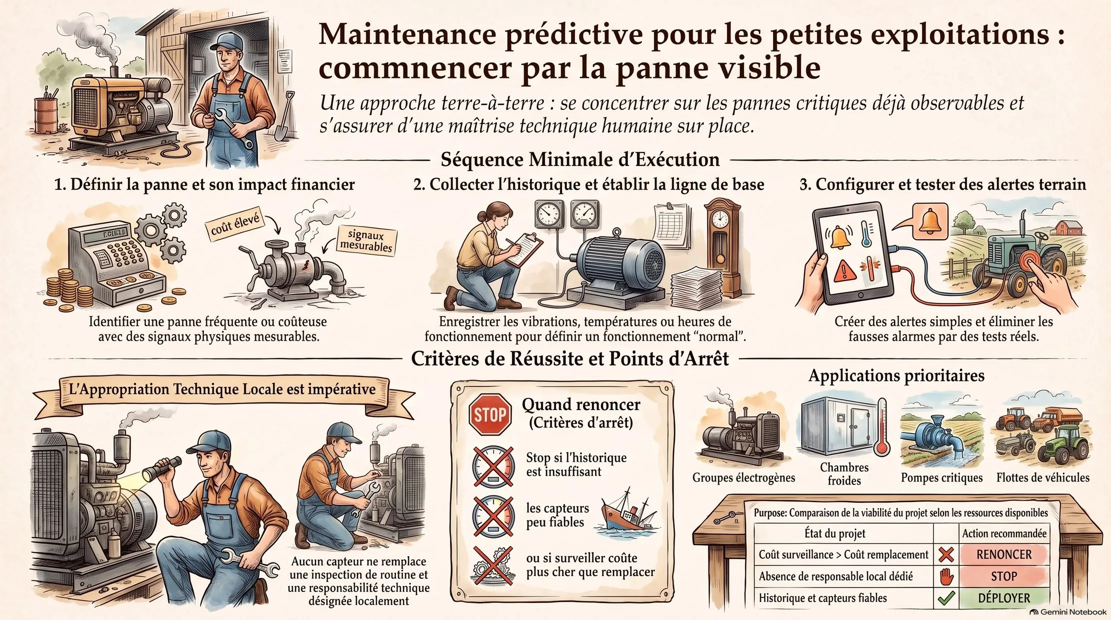 Infographie résumant la maintenance prédictive des petites opérations : panne observable, séquence d’exécution, critères d’arrêt et responsabilité technique locale