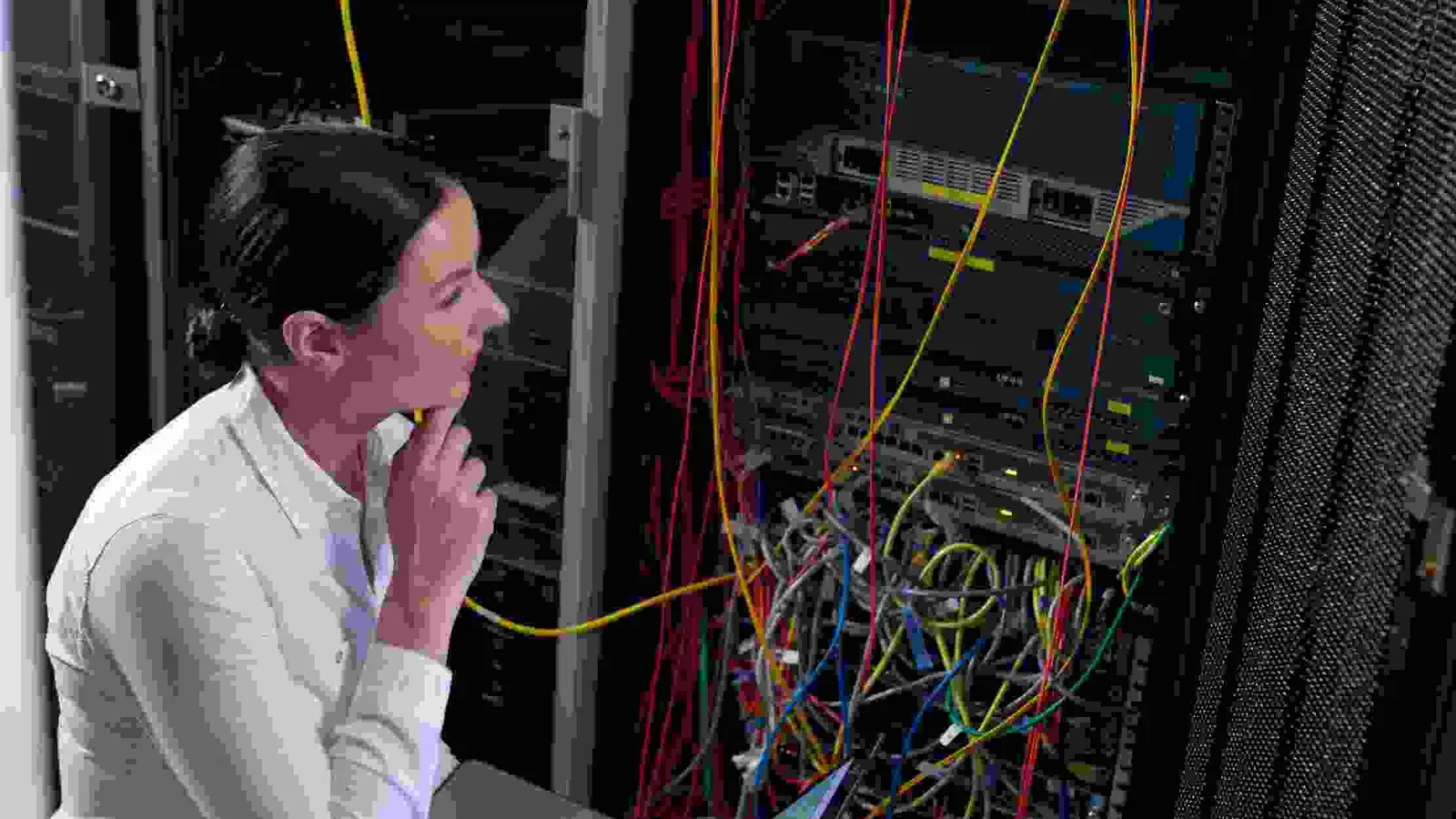 IT administrator reviewing a server rack with a laptop, representing Windows server administration