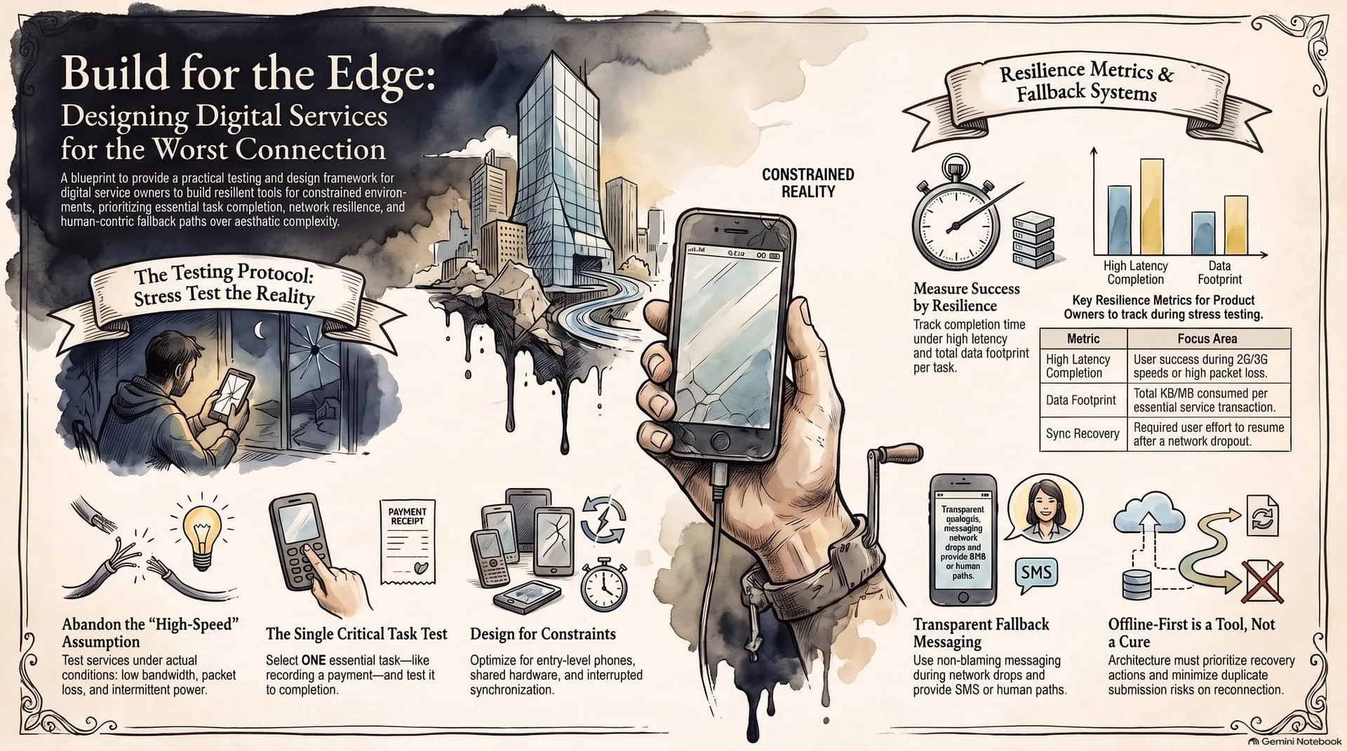 Infographic showing a constrained-connectivity testing protocol, resilience metrics, fallback messaging and the limits of offline-first design
