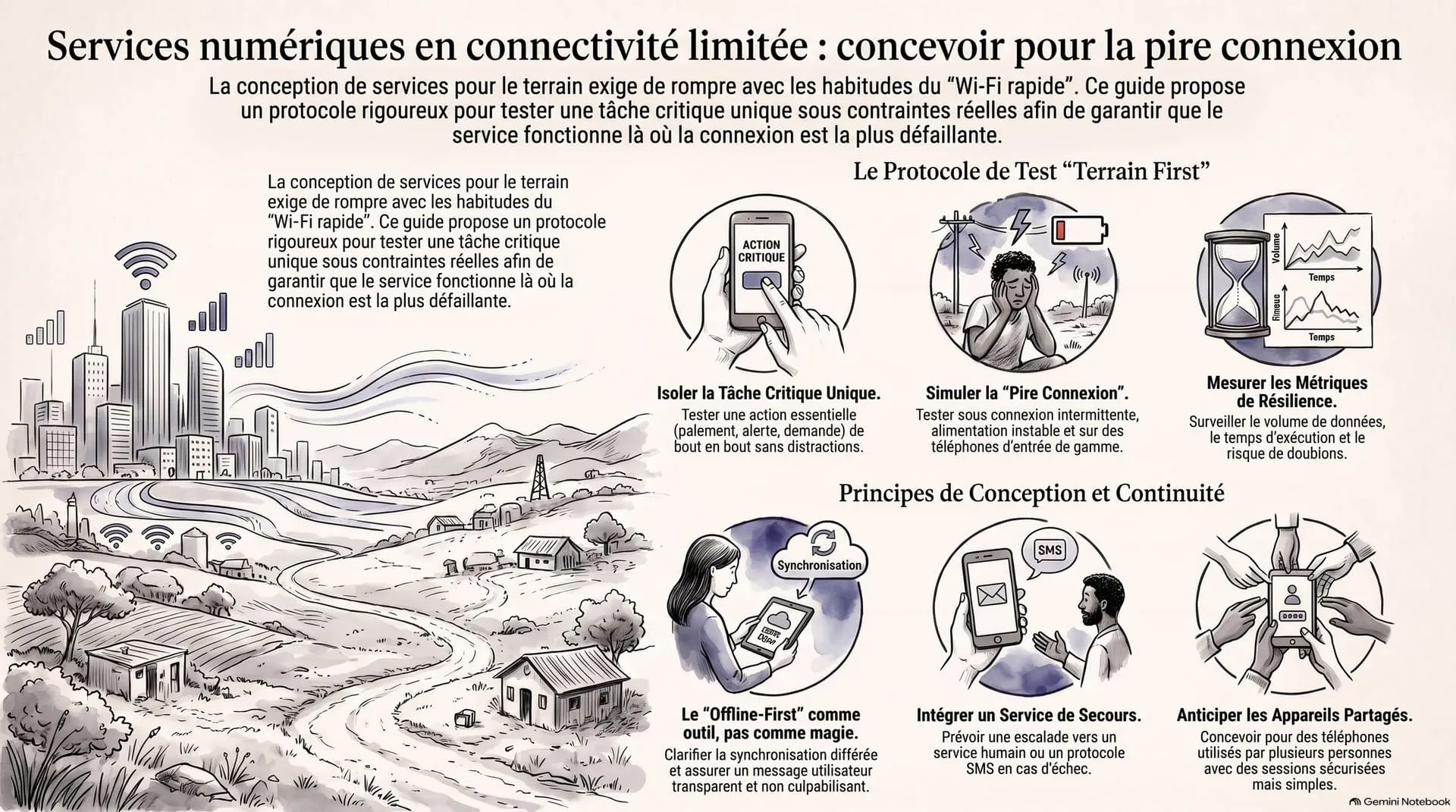 Infographie présentant un protocole de test en connectivité limitée, les métriques de résilience, le service de secours et les limites du mode déconnecté