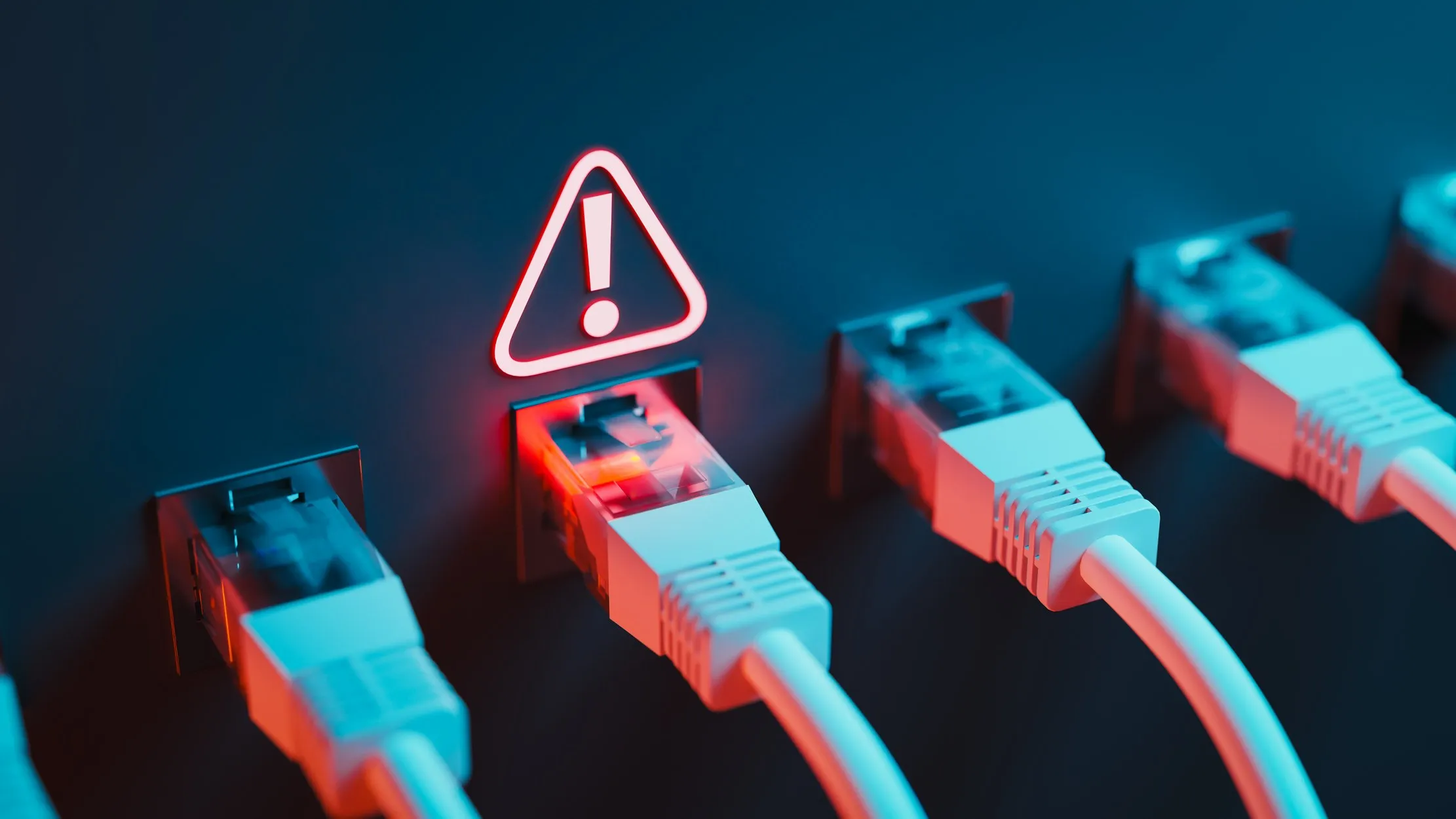 Network cables beside a warning symbol, representing a failed connection and pending synchronisation
